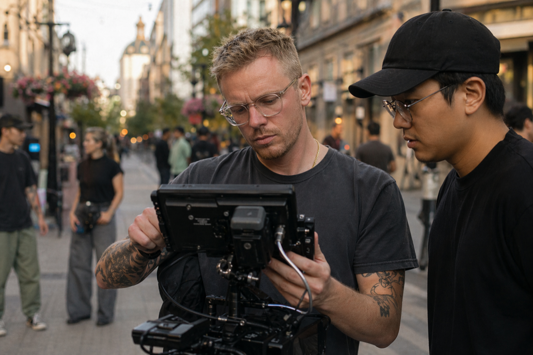 Production team filming a luxury automotive scene